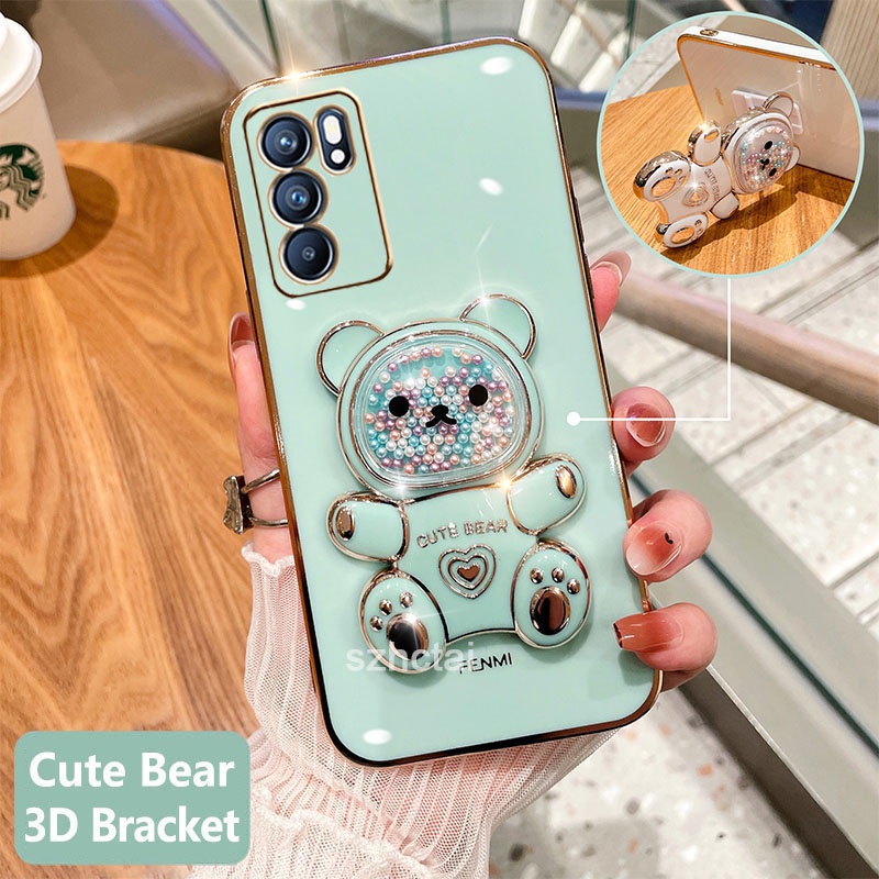 เคสโทรศัพท์ oppo reno 6 4g reno 6 5g reno 6z 5g เคสโทรศัพท์มือถือชุบนิ่ม ทรงสี่เหลี่ยม ลายหมีน่ารัก 3D พร้อมที่ตั้งวาง สําหรับ oppo reno 6 4g reno 6 5g reno 6z 5g