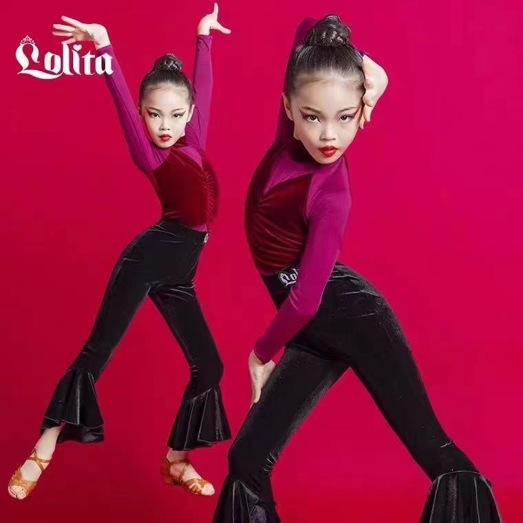 WDF ฤดูหนาวสาวสไตล์ใหม่ ชุดเต้นรําละติน แขนยาว กางเกงขายาว ชุดฝึกเต้นสําหรับเด็ก ชุดการแสดง