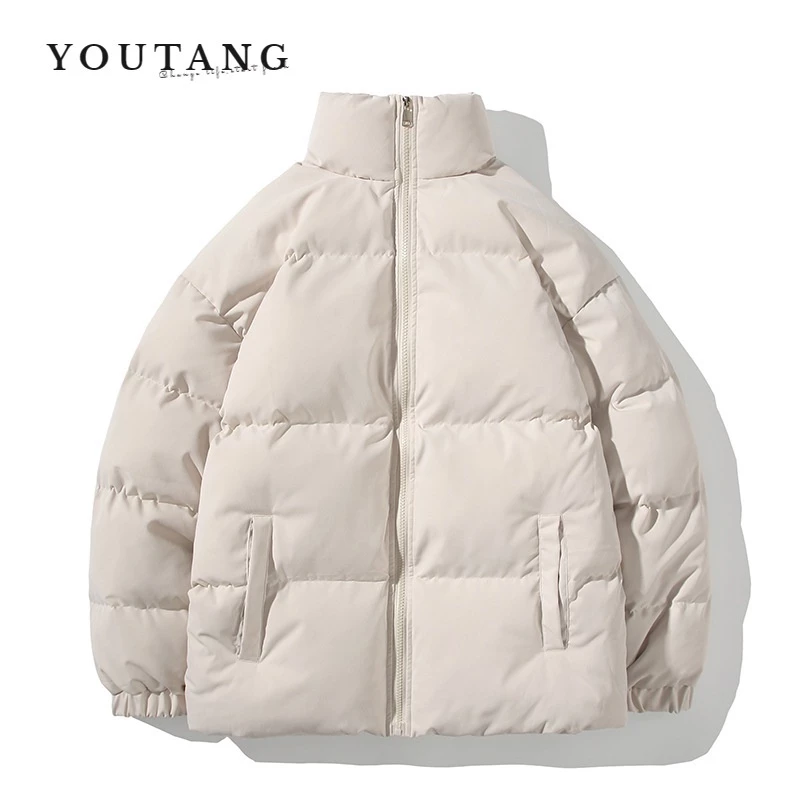 YOUTANG เสื้อโค้ทแจ็กเก็ต ผ้าฝ้าย แบบหนา ทรงหลวม สีพื้น แฟชั่นฤดูใบไม้ร่วง และฤดูหนาว สไตล์เกาหลี สําหรับผู้ชาย