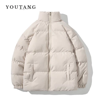 YOUTANG เสื้อโค้ทแจ็กเก็ต ผ้าฝ้าย แบบหนา ทรงหลวม สีพื้น แฟชั่นฤดูใบไม้ร่วง และฤดูหนาว สไตล์เกาหลี สําหรับผู้ชาย
