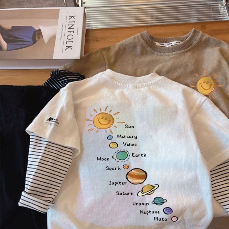 【เสื้อยืดเด็ก】เสื้อยืดแขนยาว คอกลม ผ้าฝ้าย แบบบาง ทรงหลวม พิมพ์ลายทาง Budak Lelaki Baju แฟชั่นสไตล์เกาหลี สําหรับเด็กผู้ชาย และผู้หญิง (อายุ 1-13 ปี)