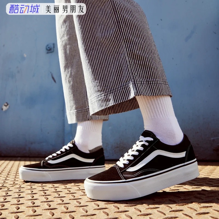 COD Vans old Skool Thick-soled Increased Low-top Classic Black and White Platform Canvas Shoes Men