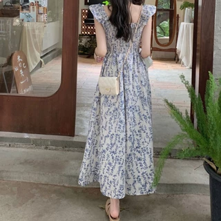 เดรส กระโปรงยาวแขนกุด ลายดอกไม้ สีฟ้า สำหรับผู้หญิง กระโปรงพลีทเอวหวาน ใหม่ พร้อมส่งจากกทม
