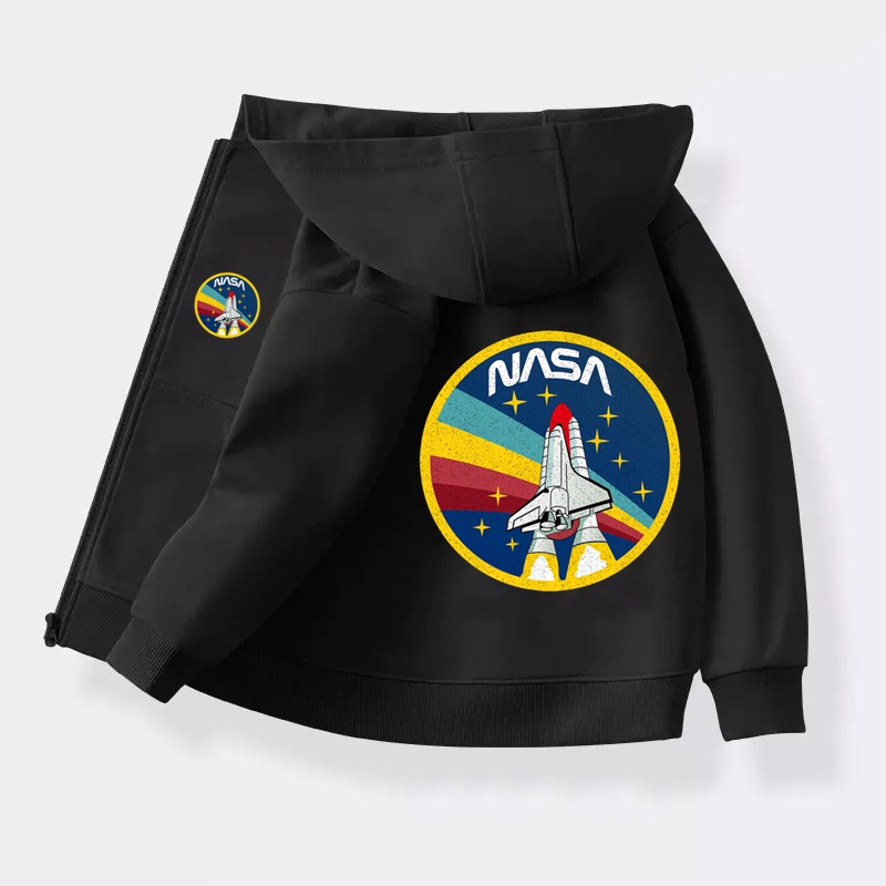 เสื้อแจ็กเก็ตแขนยาวลําลอง มีฮู้ด ผ้าฝ้าย ลายจรวด NASA สไตล์สปอร์ต สําหรับเด็กผู้ชาย โรงเรียน