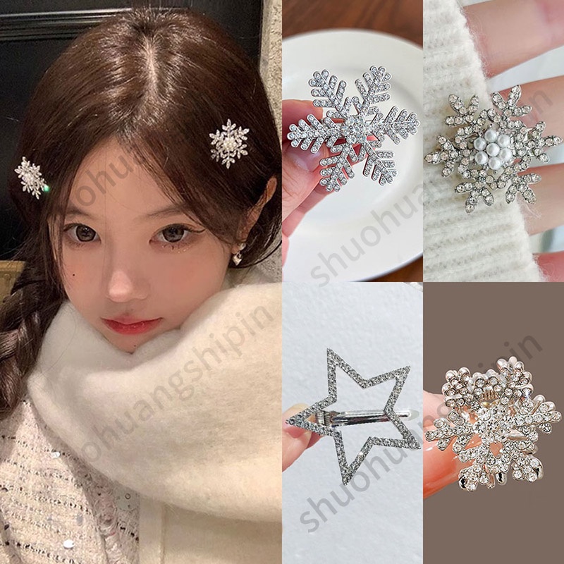 เครื่องประดับผม กิ๊บติดผม รูปดอกคามิเลีย เกล็ดหิมะ ประดับไข่มุก สีดํา และสีขาว สไตล์เกาหลี ระดับไฮเอนด์