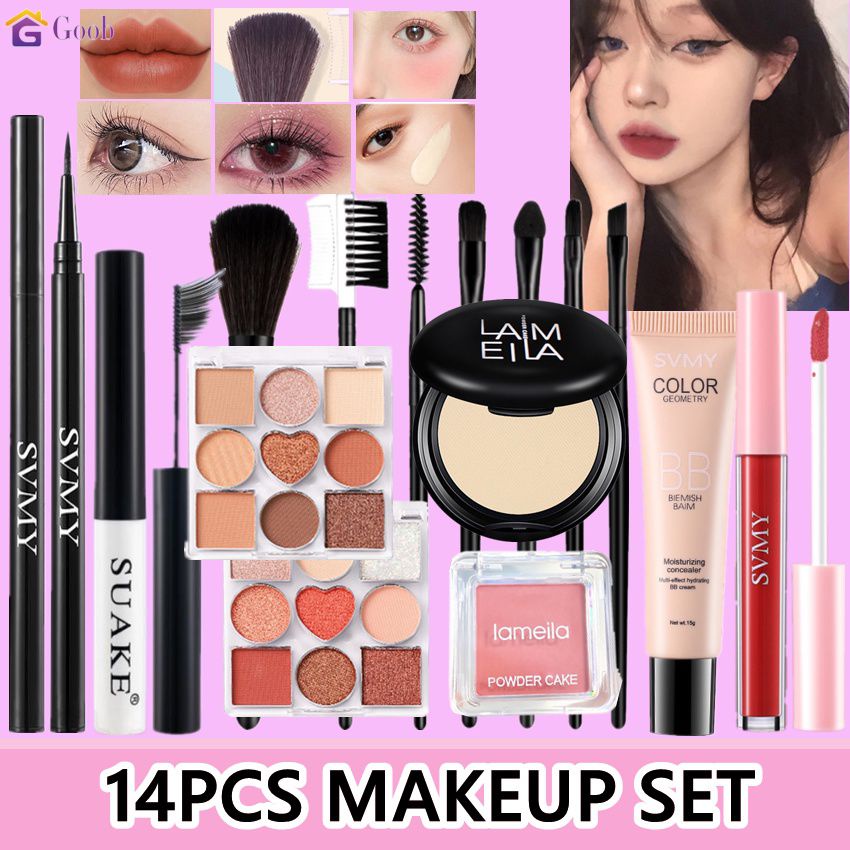 ชุดแต่งหน้าเครื่องสําอาง 14 ชิ้น อายแชโดว์พาเลตต์ 9 สี อายแชโดว์เซ็ต ผงอายไลเนอร์กันน้ํา มาสคาร่าลิปเคลือบบลัชออน 7 ชิ้น ชุดแปรงแต่งหน้าลิปสติก บีบีครีม ชุดแต่งหน้าสุดทน 【goob】