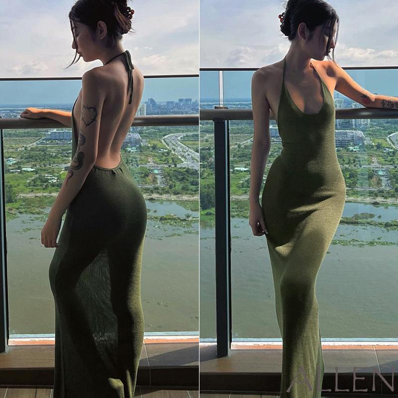 Allen-ผู้หญิงแขนกุดhalterคอชุดสีทึบbackless Tie-Up Bodyconชิ้นเดียวตัดต่ํายาวค็อกเทลปาร์ตี้ชุด