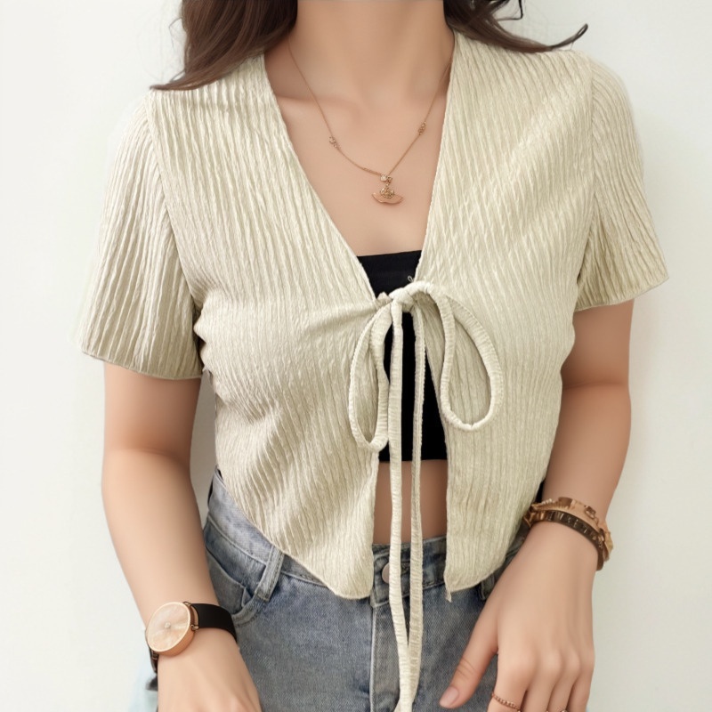 suysuy พร้อมส่ง เสื้อครอป y2k เอวลอย สายฝอ ผูกโบว์ รูปที่ 3