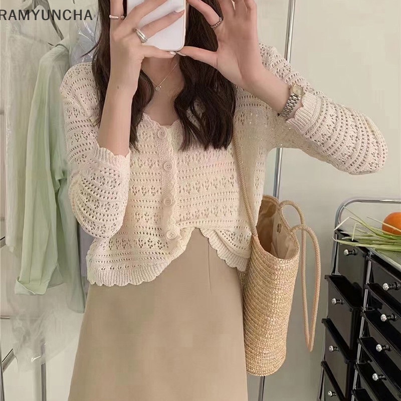 【HHSL】เสื้อคาร์ดิแกนนขนยาว คอวี ใส่สบายซีทรูเบาๆ แฟชั่นฤดูร้อน สไตล์เกาหลี สําหรับผู้หญิง TH7717