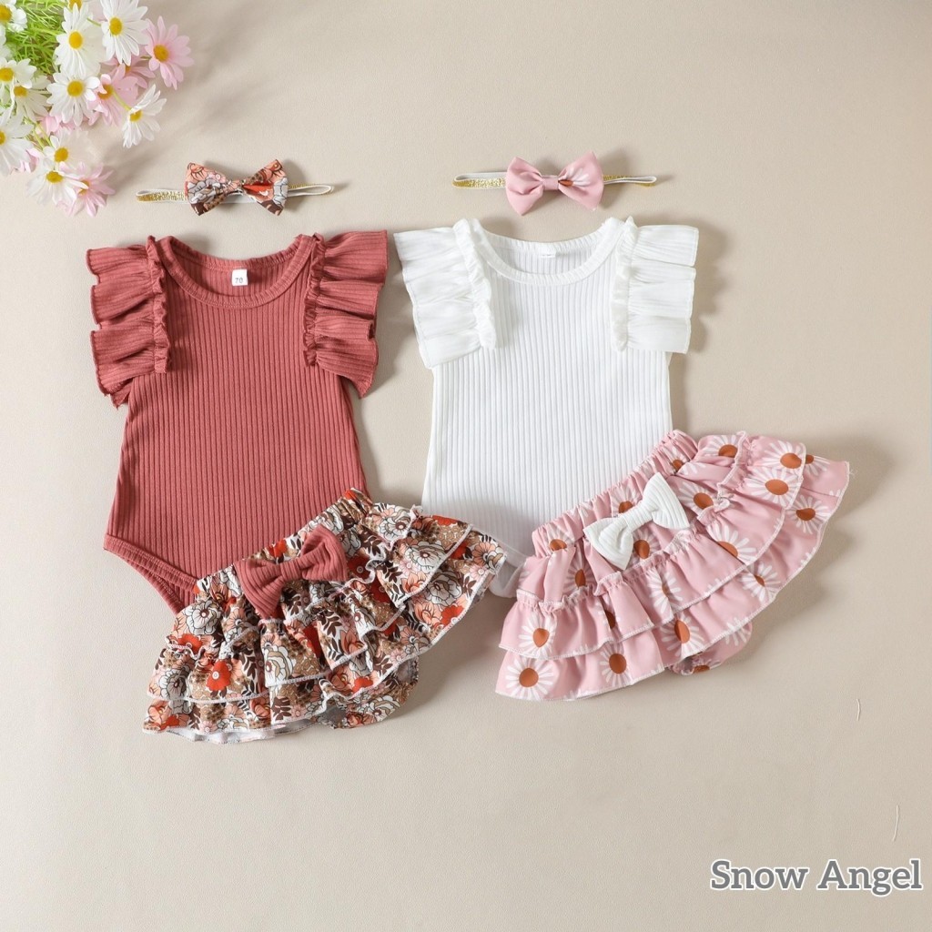 Grao-ชุดเด็กผู้หญิงฤดูร้อนชุด Ruffle Sleeve Ribbed Romper + ดอกไม้ Culottes + ที่คาดผม