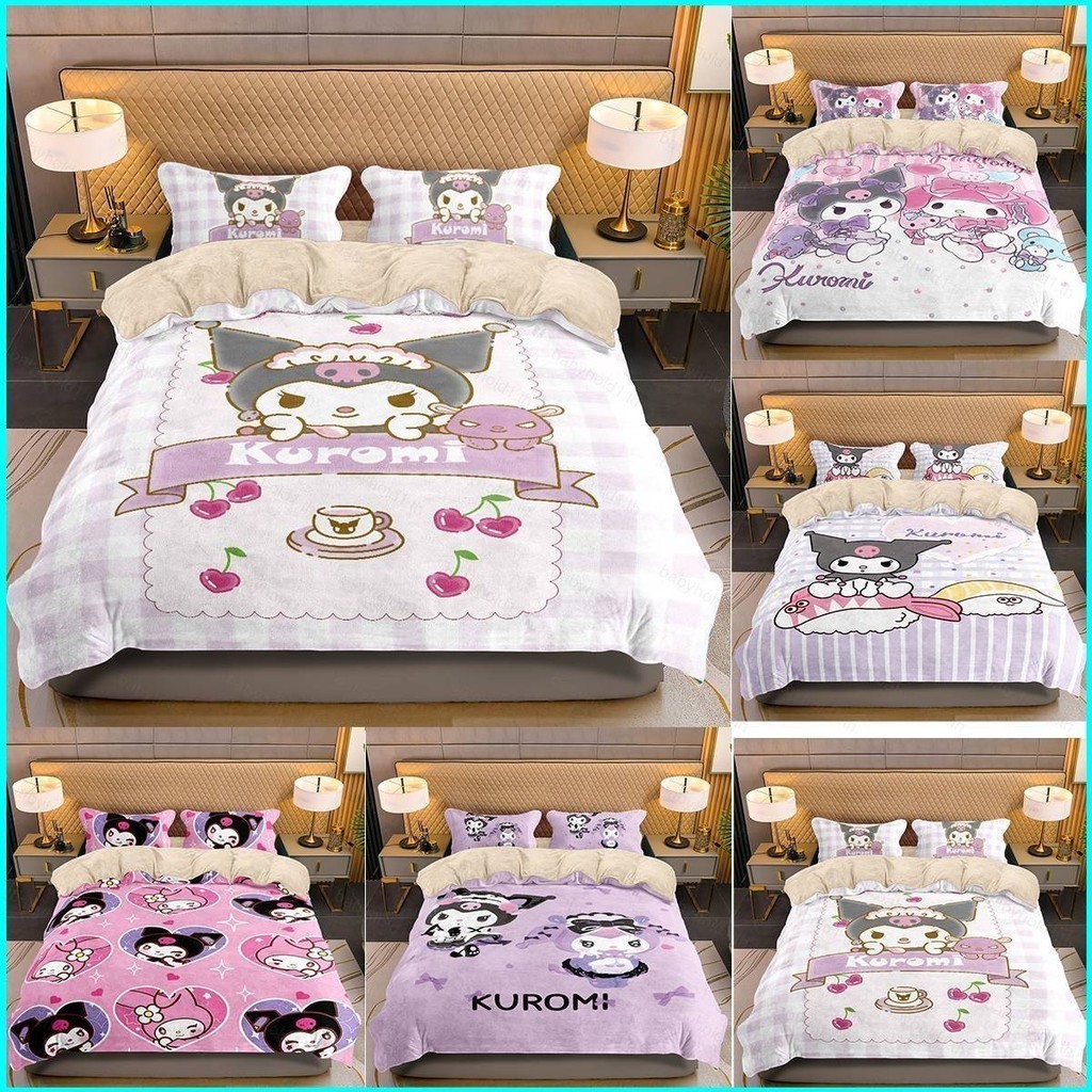 Mg Sanrio Kuromi Melody 3in1 ชุดเครื่องนอน ผ้าปูที่นอน ผ้าห่ม ผ้านวม ซักทําความสะอาดได้ สะดวกสบาย สําหรับหอพัก