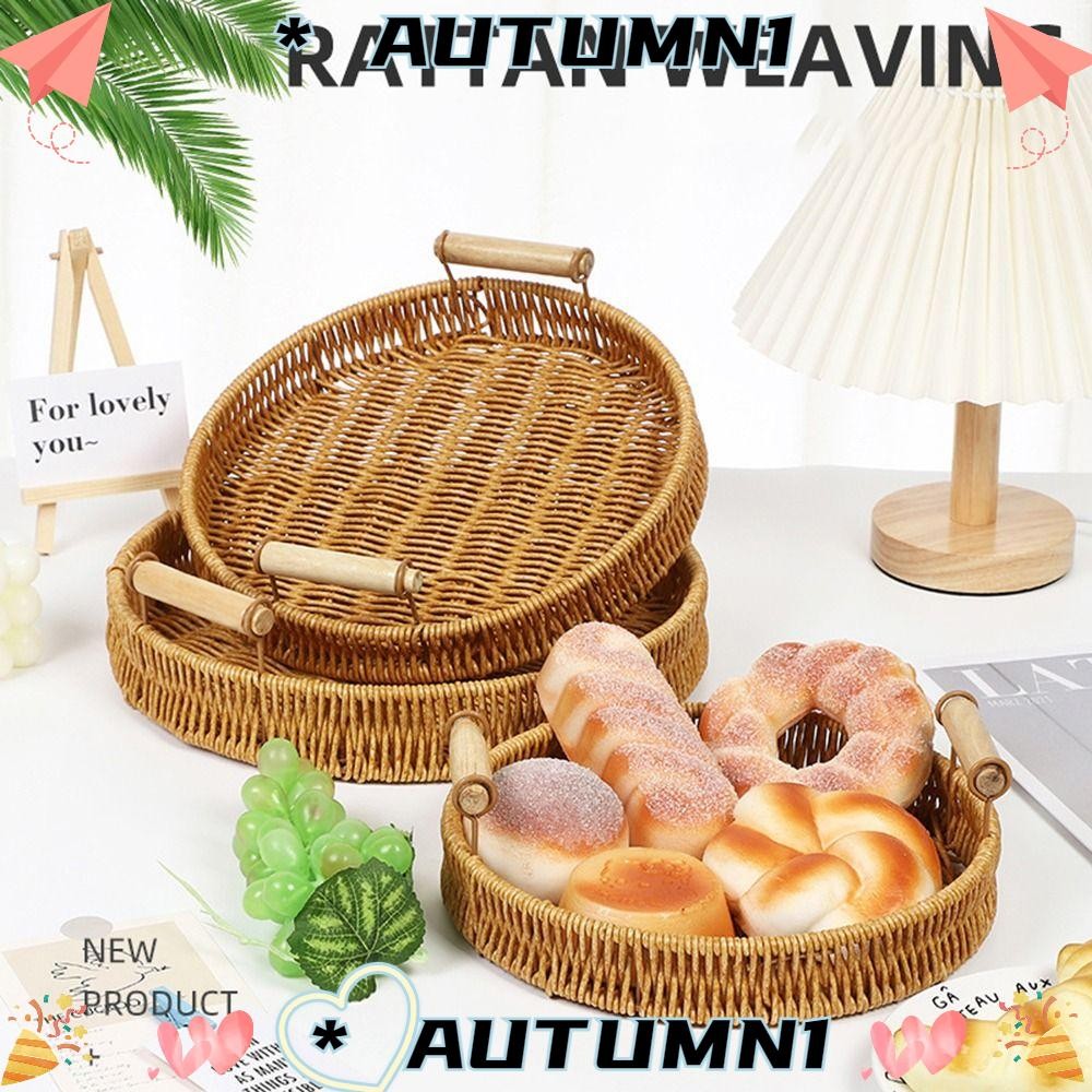 Autumn1 ถาดเก็บของ 1 ชิ้นพร้อมที่จับทรงกลมตะกร้าหวายทอมือ, ผลไม้ผักเค้กหวายอาหารเช้าขนมปังจานอาหารพลาสติกด้ายหวายตะกร้า