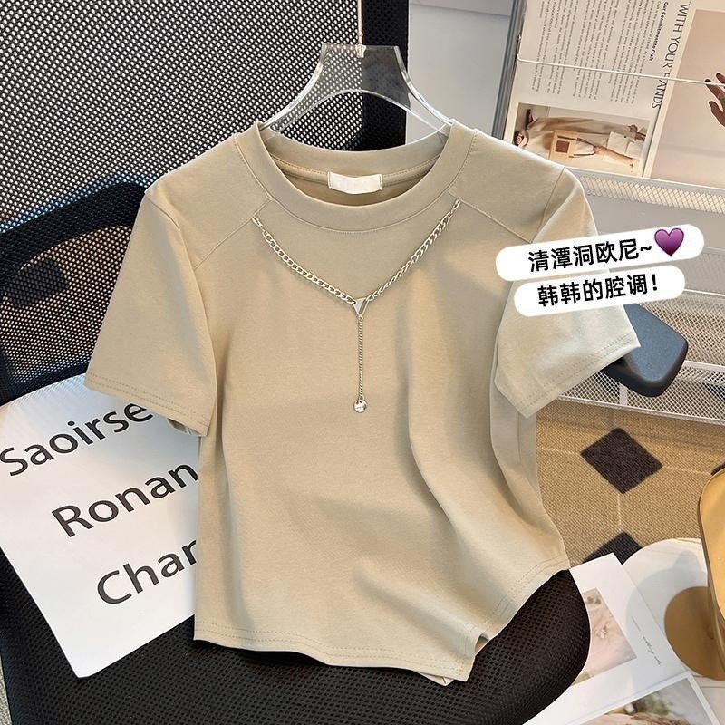 Pure Desire รอบคอเล็บ Niche Chic เสื้อยืดผู้หญิง Neckline CHAIN ตกแต่งแฟชั่น H3F3