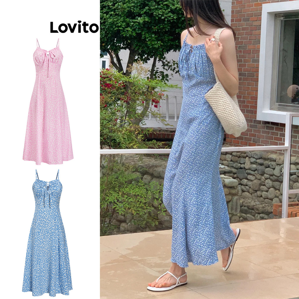Lovito ชุดเดรสผู้หญิง มีจีบ แบบผูกเชือก ลายดอกไม้ สไตล์ลำลอง L68ED334 (หลากสี)