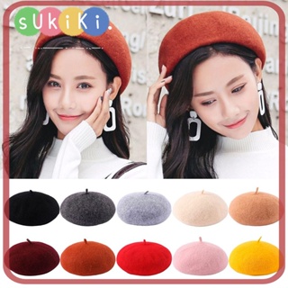 Sukiki หมวกเบเร่ต์ ผ้าวูล แบบหนา ให้ความอบอุ่น สีพื้น สไตล์ฝรั่งเศส 10 สี แฟชั่นฤดูใบไม้ร่วง และฤดูหนาว สําหรับผู้หญิง