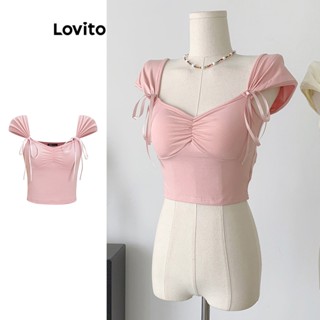 Lovito เสื้อยืด จับจีบ แต่งโบ สีพื้น สไตล์น่ารัก สำหรับผู้หญิง L58AD013 (สีชมพู)