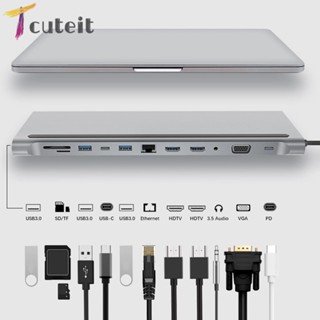 Tcuteit ฮับ USB 3.1 เป็น HDMI คู่ 12 in 1 Type-C 4K VGA