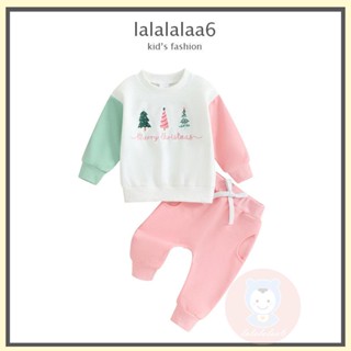 Laa6- เสื้อกันหนาวแขนยาว ปักลายต้นคริสต์มาส และกางเกงขายาว สีตัดกัน สําหรับเด็กผู้หญิง