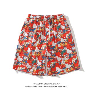 น่ารัก พิมพ์เต็ม Hello Kitty กีฬา ห้าจุด กางเกงขาสั้น เอวสูง โยคะ วิ่ง สบาย ๆ หลวม ชุดนอน กางเกงผู้ชาย ผู้หญิง สไตล์เดียวกัน ฤดูร้อน