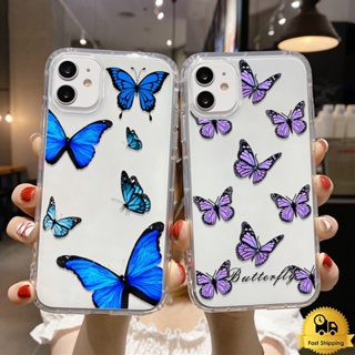 โปร่งใสเคสโทรศัพท์คู่สำหรับไอโฟน 11 12 13 14 15 Pro Max XR 7 6 8 Plus X XS MAX ผีเสื้อสีน้ำเงินม่วง กันกระแทก เคสใสนุ่ม