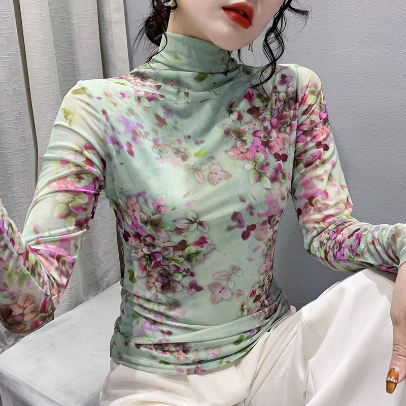 เสื้อยืดคอเต่า แขนยาว ผ้าตาข่าย ลายดอกไม้ สไตล์ฮ่องกงเรโทร สําหรับผู้หญิง