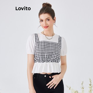 Lovito 2 In 1 เสื้อเบลาส์ลําลอง ลายสก๊อต แต่งระบาย สําหรับผู้หญิง L54ED009 (สีดําและสีขาว)