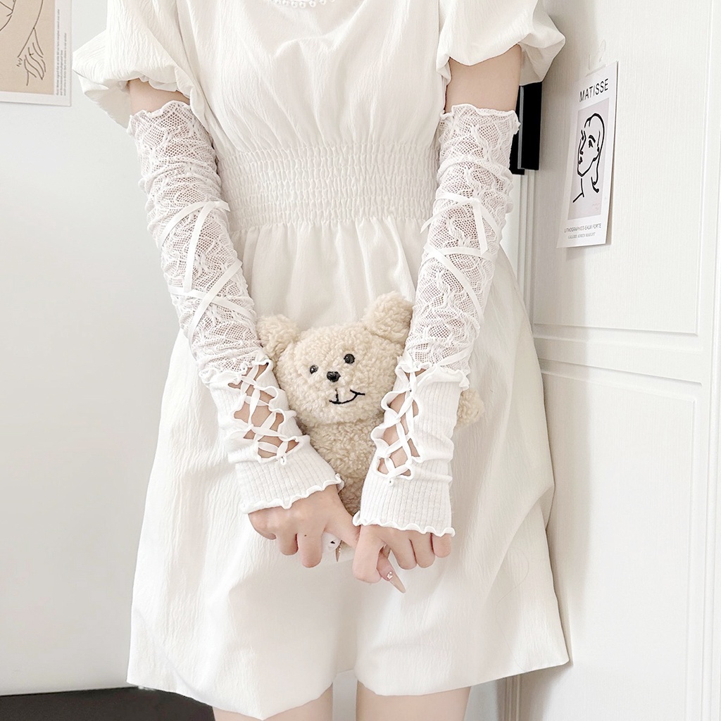 ถุงมือกันแดด ผ้าตาข่าย แต่งลูกไม้ สีดํา สไตล์โกธิค พังก์ โลลิต้า สําหรับผู้หญิง Y2K DIY