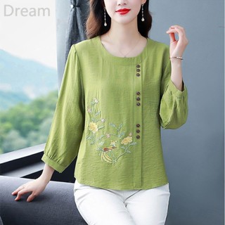 Cropped sleeve shirt cotton linen retro embroidered Korean style top large size loose womens clothing