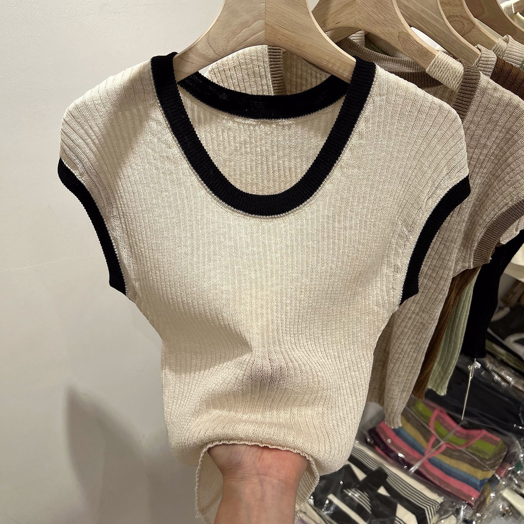 เสื้อท็อปส์ลําลอง คอกลม ผ้าถัก แฟชั่นฤดูร้อน สําหรับผู้หญิง