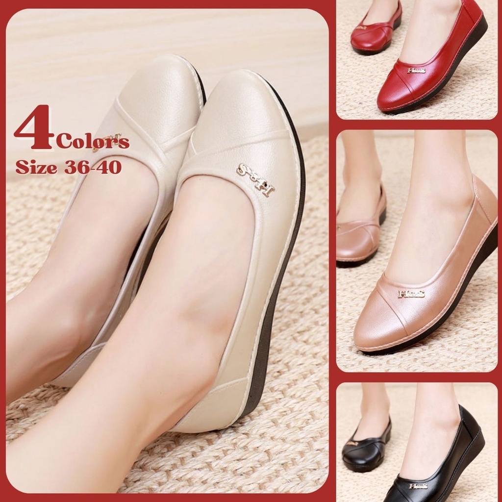 โกดัง KD24 รองเท้าคัชชูส้นหนา หัวแหลม แต่งหมุด H&S หนังเงาพื้นยางนิ่ม สีพื้น 4 สี เบอร์ 36-40 (90)
