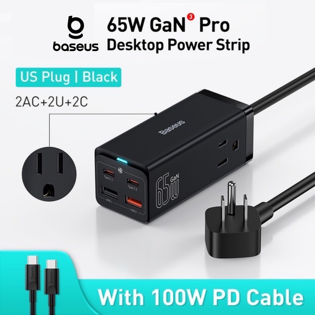 Baseus PowerCombo 65W GaN Pro หัวชาร์จเร็ว ปลั๊กไฟตั้งโต๊ะ หัวชาร์จไว 65W และสายชาร์จ PD 100W