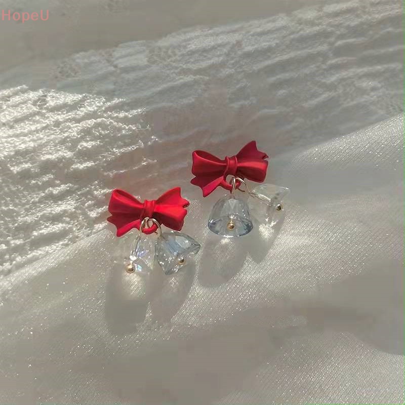 [HopeU] ต่างหูสตั๊ด ประดับโบว์ คริสตัล สีแดง ของขวัญคริสต์มาส ปีใหม่ ระดับไฮเอนด์ แฟชั่นฤดูใบไม้ร่วง ฤดูหนาว