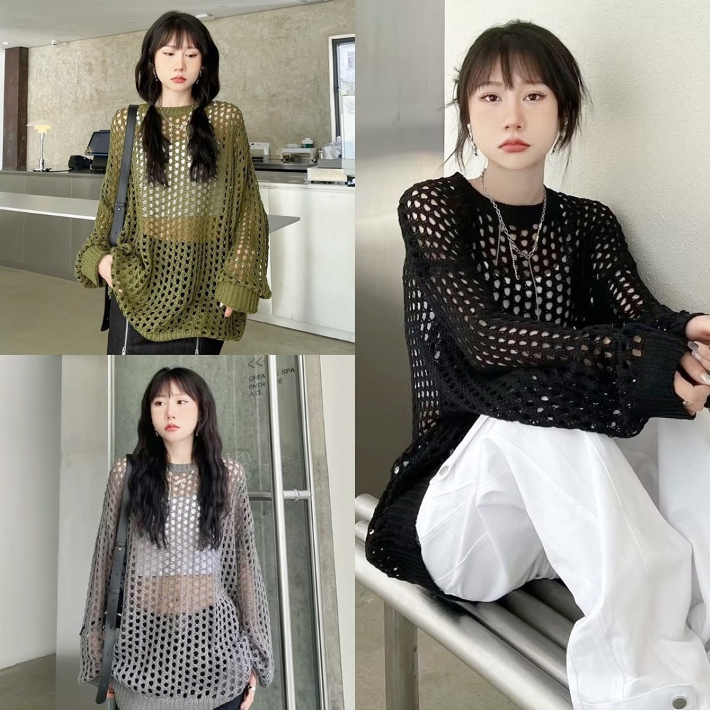 ราคาถูกที่สุด เสื้อไหมพรมแขนยาวฉลุตาข่าย ไม่มีซับ โอเวอร์ไซส์ 4 สี คอกลม