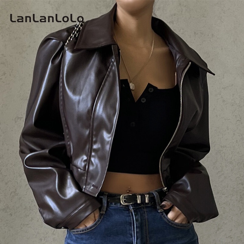 Lanlanlolo เสื้อแจ็กเก็ตหนังลําลอง แขนยาว คอปก มีซิป เข้ารูป สีพื้น แฟชั่นเรียบง่าย สําหรับผู้หญิง 2023