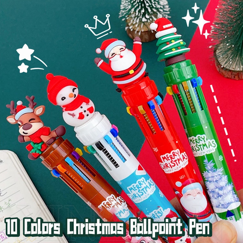 Kawaii ปากกาลูกลื่น ลายการ์ตูนซานตาคลอส ต้นคริสต์มาส กวาง สโนว์แมน สีสันสดใส 10 สี สําหรับโรงเรียน สํานักงาน เครื่องเขียน