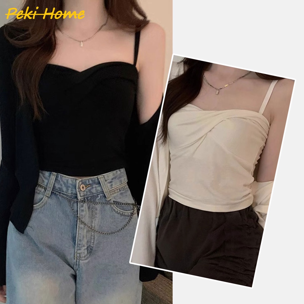 พร้อมส่ง เสื้อครอป 2 ชิ้น เสื้อสายเดี่ยวด้านใน+คลุมเเขนยาว