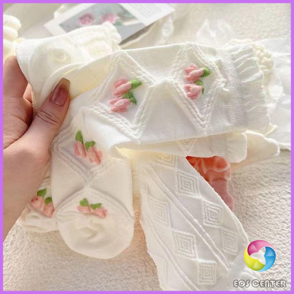 EC. ถุงเท้าลายดอกไม้  แฟชั่นโลลิต้า  วัสดุผ้าฝ้ายโพลีเอสเตอร์ สไตล์ญี่ปุ่น  Women socks - รูปที่ 4