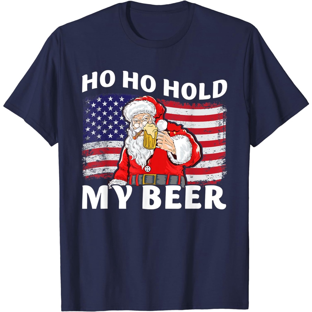 เสื้อยืดผ้าฝ้ายผู้ชายน่ารัก Santa Ho Ho Hold My Beer Christmas In July 4th Of July เสื้อยืด 4XL , 5X