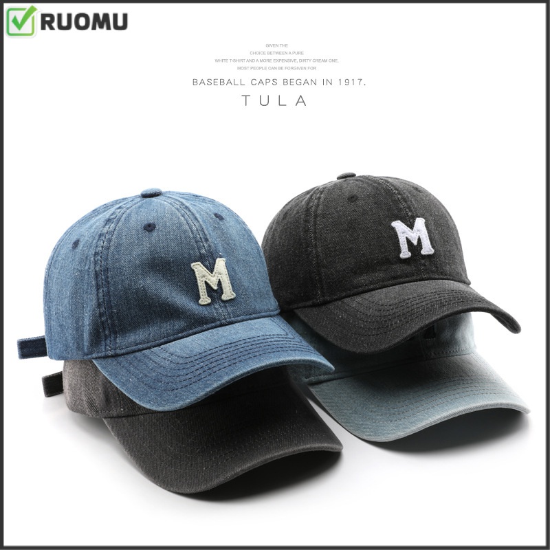 Ruomu หมวกเบสบอล ผ้ายีน ลายตัวอักษร M สไตล์วินเทจ กันแดด กลางแจ้ง