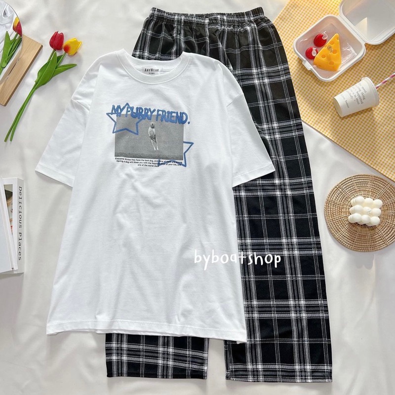 ขายร้อน พร้อมส่ง⚡️เสื้อยืด oversize ลาย my furry friend (ขาว) + กางเกงขายาวสก็อต (ดำ)