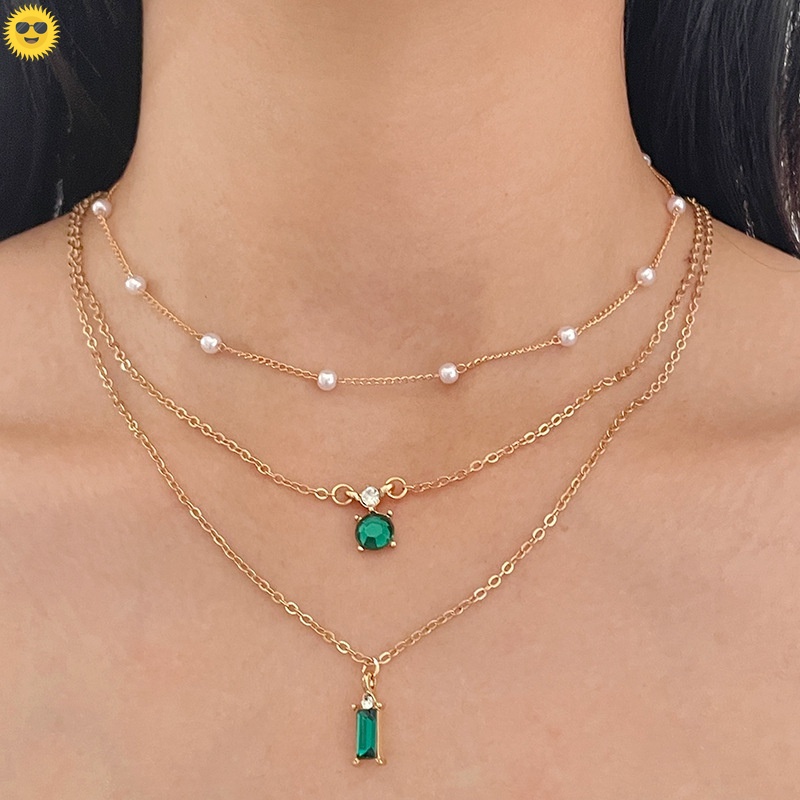 Simple Stacked Retro เลียนแบบมรกตสีเขียว Pearl Multi-layer สร้อยคอสําหรับผู้หญิงเครื่องประดับแฟชั่นอ