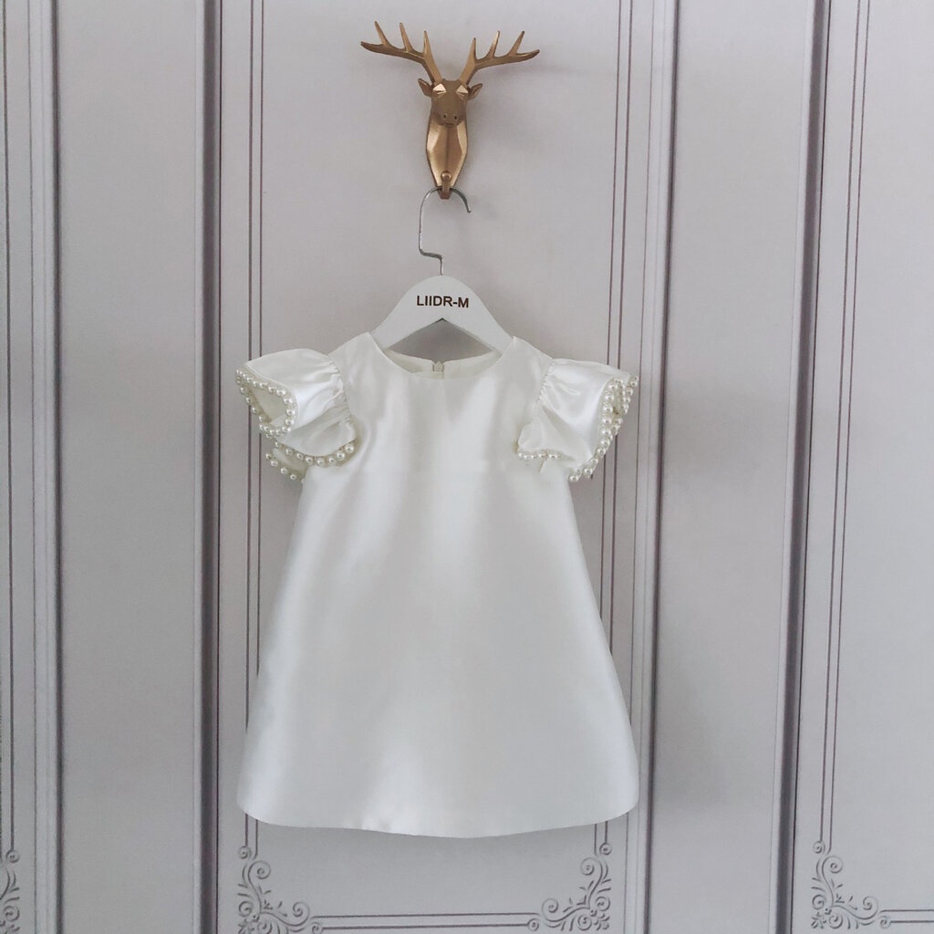 Gd4040- พร้อมส่งจากไทย ชุดราตรีเด็กสีขาว ชุดออกงานเด็กหญิงเด็กเล็ก-เด็กโต ทรงสั้นมีแขน แต่งมุกที่แขนสุดสวยหรูดูดีแบบค...