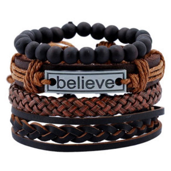 (4 ชิ้น) SIMPLICO ผู้ชายผสม 4 Wrap สร้อยข้อมือ Vintage Multilayer สายรัดข้อมือสร้อยข้อมือหนัง PU 手饰 
