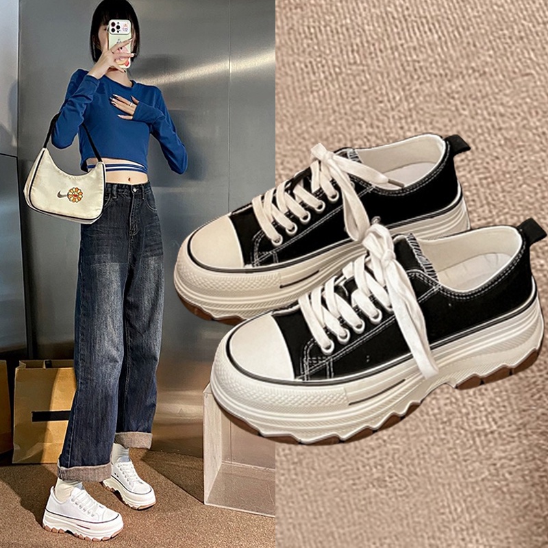 พร้อมส่ง รองเท้าผ้าใบผู้หญิง เสริมส้น 5 ซม ระบายอากาศได้ดี ไม่เจ็บเท้า