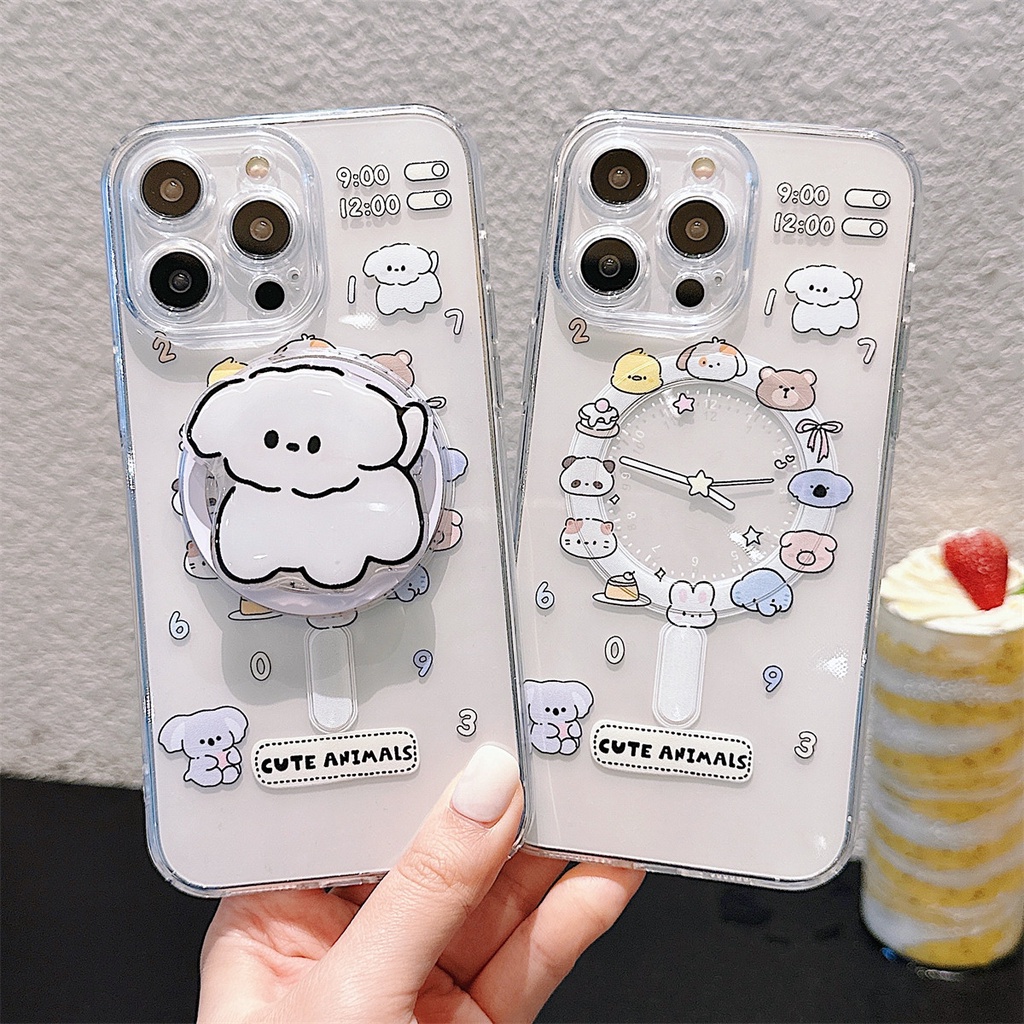 เคสโทรศัพท์มือถือ TPU ใส กันกระแทก กันรอยขีดข่วน ลายลูกสุนัข หมี พร้อมขาตั้งแม่เหล็ก สําหรับ iphone 11 12 13 14 15 Pro Max