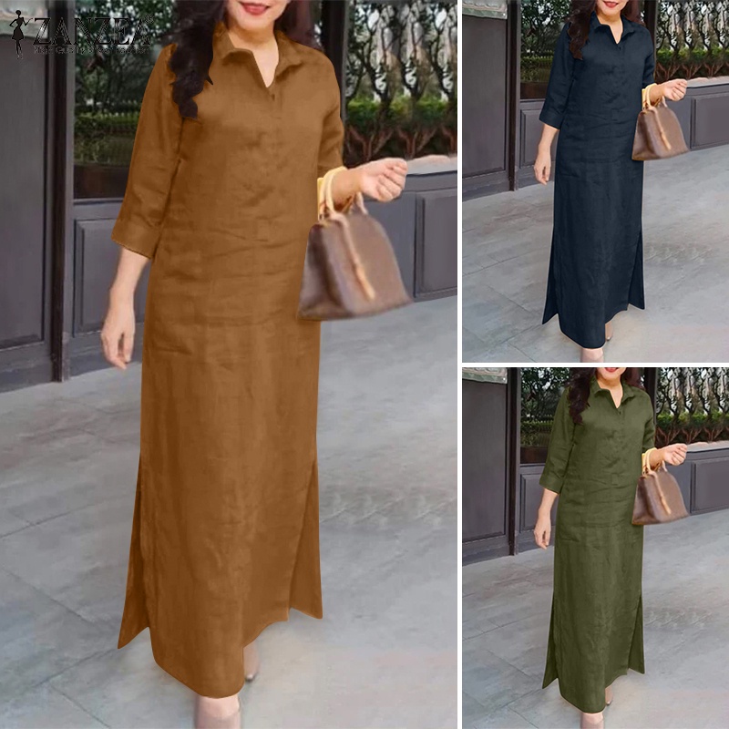 Zanzea ชุดเดรสลําลอง คอปก ผ่าข้าง สีพื้น สไตล์วินเทจ สําหรับผู้หญิง — صورة 3