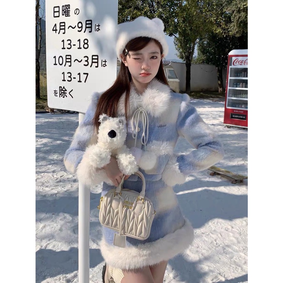 [สไตล์ใหม่/ชุดกระโปรง] Fujia Daughter เสื้อแจ็กเก็ตสั้น ขนเฟอร์ ยาวครึ่งตัว สองชิ้น สําหรับผู้หญิง PY44