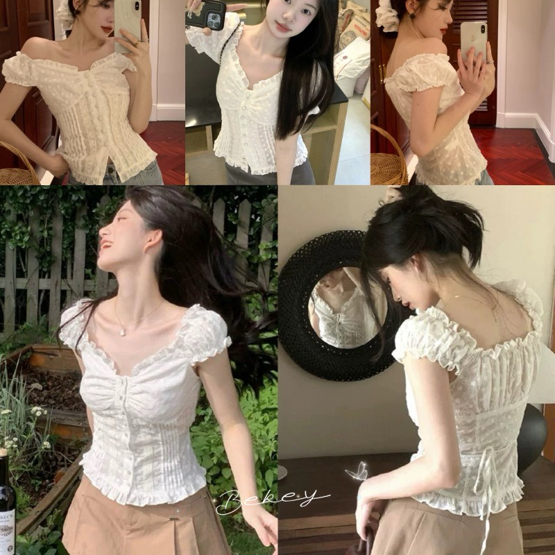 (จัดส่งจากกรุงเทพ🇹🇭) เสื้อยืดแขนสั้นผู้หญิงฤดูร้อน เสื้อลูกไม้อัดพลีททรงเข้ารูปพอดีตัว Z140