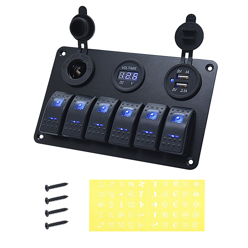 แผงสวิตช์โยก LED 3.1A 6 ช่อง พอร์ต USB คู่ กันน้ํา สําหรับรถยนต์ เรือ เบรกเกอร์ ควบคุมโวลต์มิเตอร์ ดิจิทัล LED - รูปที่ 3