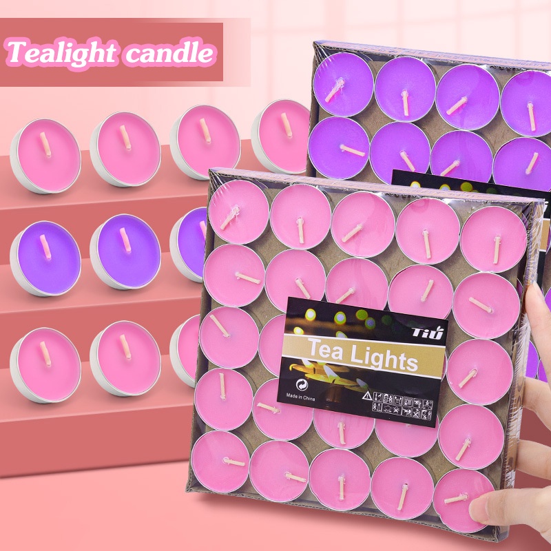 เทียนทีไลท์ Tealight ของแท้ 50 ถ้วย เทียนขาว จุดนาน 4 ชม ไร้ควัน สีขาว แดง สีชมพู สีม่วง ใช้งานง่าย ปลอดภัย